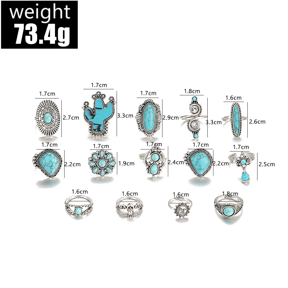 Wholesale Vintage Bohemian Turquoise Cactus Carved 14-Piece Ring Set